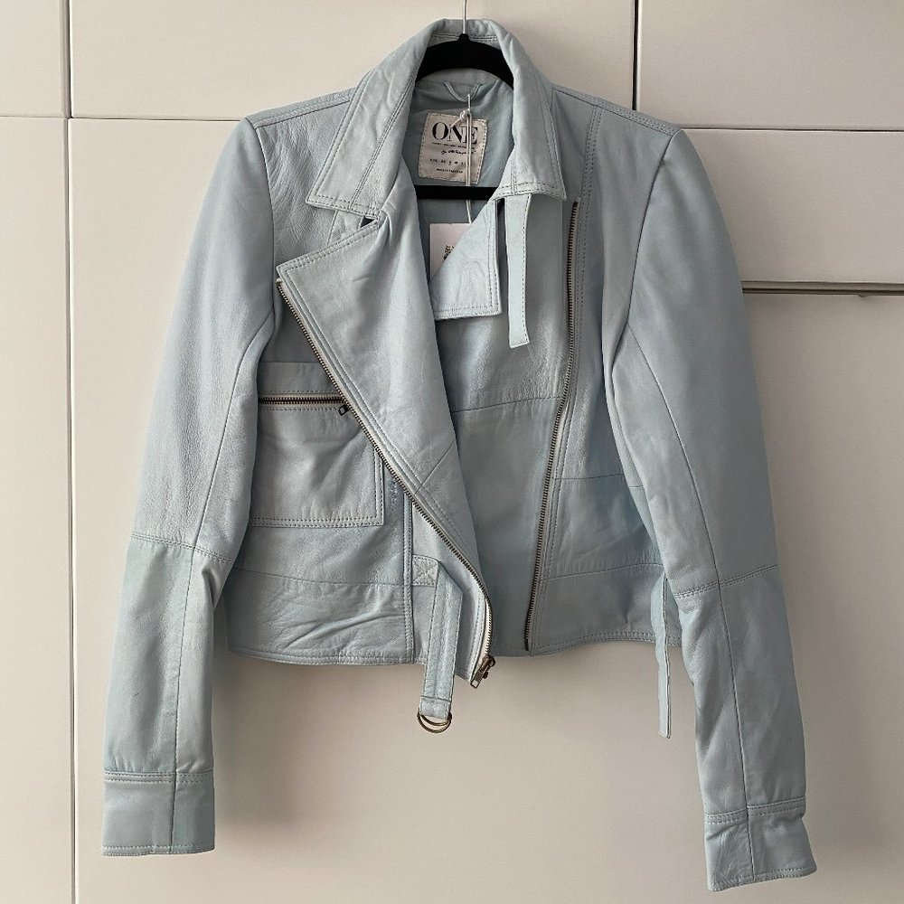 Powder Blue Leather Moto Jacket